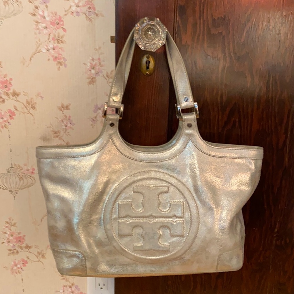 Silver metallic Tory Burch shoulder bag